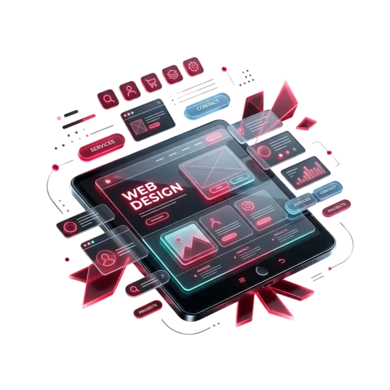 Modern tablet with glowing 'WEB DESIGN' interface and floating UI components for digital services.